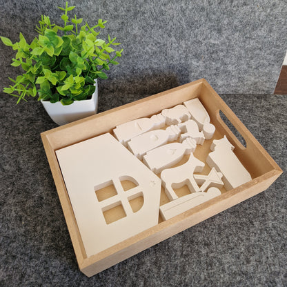 Krippe mittleres Set, 11 Teile plus Holztablett - Weihnachtskrippe aus weißem Gießbeton und mit exakt passendem Holztablett, eindrucksvolle Dekoration für Weihnachten, handgemacht