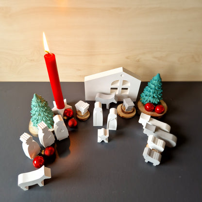 Krippe großes Set, 15 Teile und Stern-Kerzenständer mit Kerze - Weihnachtskrippe aus weißem Gießbeton und mit vier zusätzlichen Tierfiguren, eindrucksvolle Dekoration für Weihnachten, handgemacht