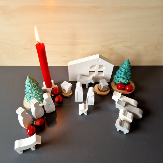 Krippe großes Set, 15 Teile und Stern-Kerzenständer mit Kerze - Weihnachtskrippe aus weißem Gießbeton und mit vier zusätzlichen Tierfiguren, eindrucksvolle Dekoration für Weihnachten, handgemacht