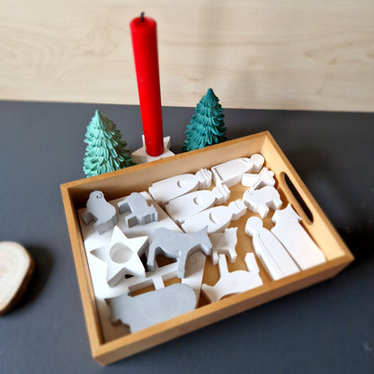 Krippe großes Set, 15 Teile und Stern-Kerzenständer mit Kerze - Weihnachtskrippe aus weißem Gießbeton und mit vier zusätzlichen Tierfiguren, eindrucksvolle Dekoration für Weihnachten, handgemacht