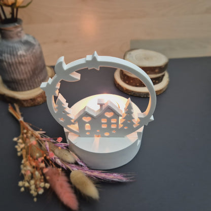 Wechselrahmen „Winterlandschaft" für Kerzensockel - aus weißer Gießkeramik - ca. 14 cm hoch