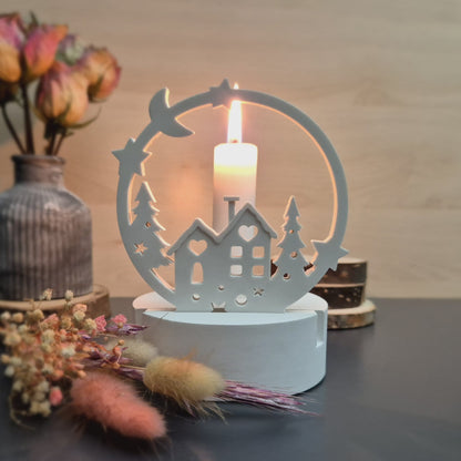 Wechselrahmen „Winterlandschaft" für Kerzensockel - aus weißer Gießkeramik - ca. 14 cm hoch