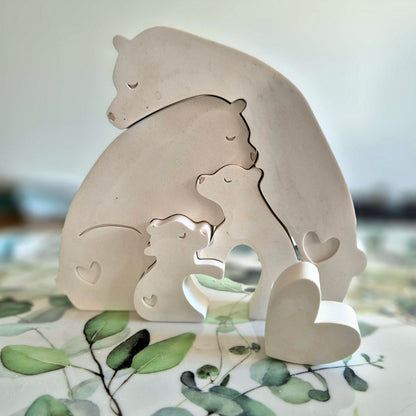 Bärenfamilie 5-teiliges Puzzle in der Farbe weiß aus Gießkeramik zum aufstellen // 25x25cm