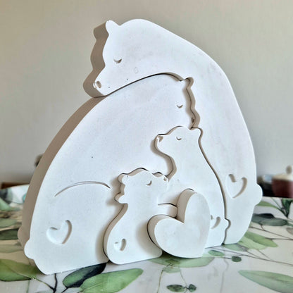 Bärenfamilie 5-teiliges Puzzle in der Farbe weiß aus Gießkeramik zum aufstellen // 25x25cm