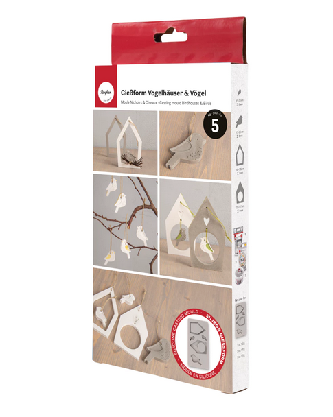 Gießform "Vogelhäuser" von der Firma Rayher aus Silikon für Gießbeton, Keraflott oder ähnliches, Abmessung der Gießform: 14,5x26x1,2cm