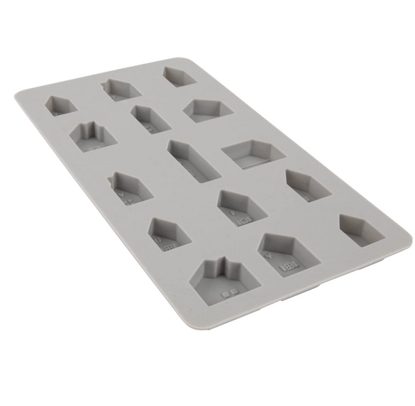 Gießform "Mini Häuser" von der Firma Rayher aus Silikon, 15 verschiedene Einzelmotive,  für Gießbeton, Keraflott oder ähnliches, Abmessung der Gießform: 4,5 x 26 x 1,5 cm