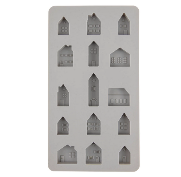 Gießform "Mini Häuser" von der Firma Rayher aus Silikon, 15 verschiedene Einzelmotive,  für Gießbeton, Keraflott oder ähnliches, Abmessung der Gießform: 4,5 x 26 x 1,5 cm