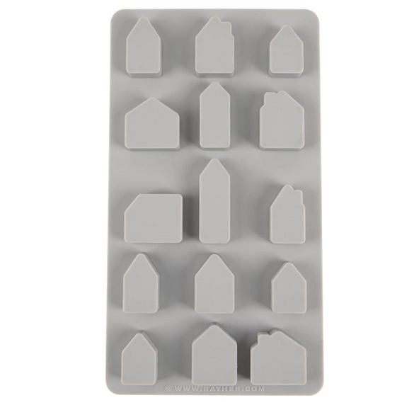 Gießform "Mini Häuser" von der Firma Rayher aus Silikon, 15 verschiedene Einzelmotive,  für Gießbeton, Keraflott oder ähnliches, Abmessung der Gießform: 4,5 x 26 x 1,5 cm