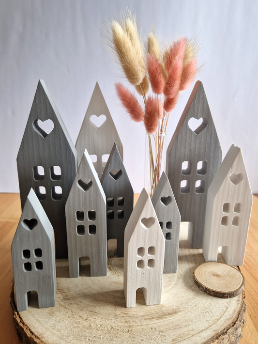 Häuser zum Aufstellen 3er Set Gießkeramik - Weiß, Hellgrau oder Dunkelgrau - 13,5cm / 11,5cm / 9,5 cm