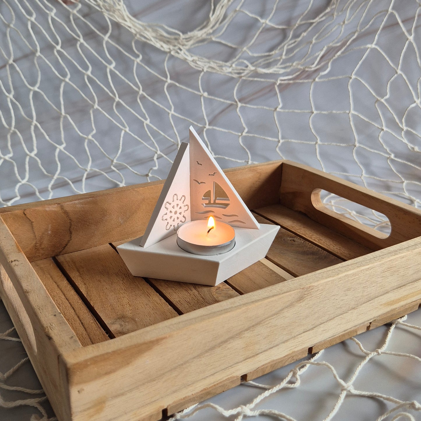 Segelboot mit Teelicht und 2 Segeln zum Wechseln aus Gießkeramik