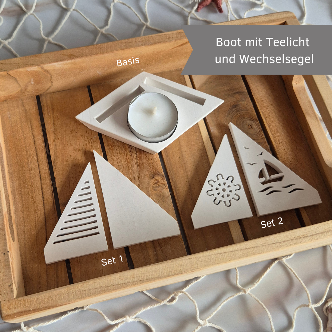 Segelboot mit Teelicht und 2 Segeln zum Wechseln aus Gießkeramik
