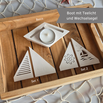 Segelboot mit Teelicht und 2 Segeln zum Wechseln aus Gießkeramik