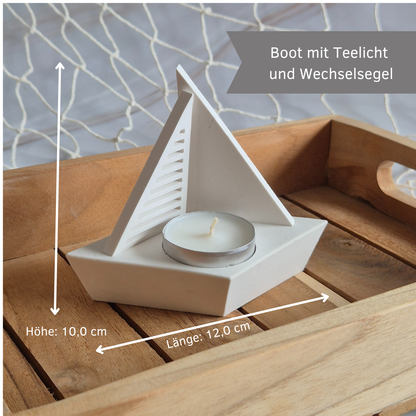 Segelboot mit Teelicht und 2 Segeln zum Wechseln aus Gießkeramik
