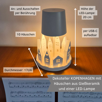 Dekoteller KOPENHAGEN mit LED-Lampe – handgefertigte Häuser-Deko aus Gießkeramik