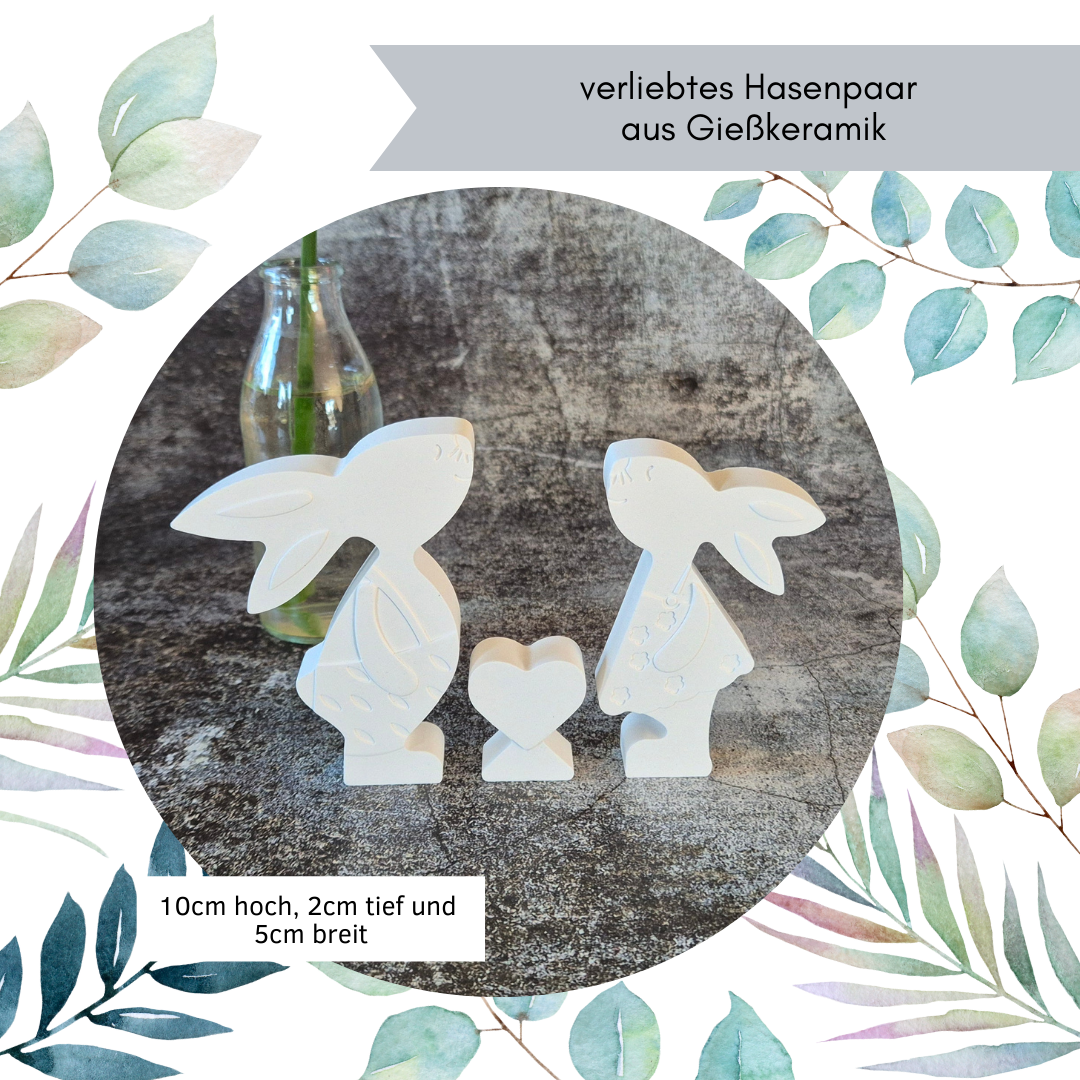 Verliebtes Hasenpaar mit Herzchen aus weißer Gießkeramik, 10 x 15 cm