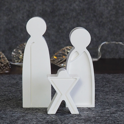 Krippe mittleres Set, 11 Teile plus Holztablett - Weihnachtskrippe aus weißem Gießbeton und mit exakt passendem Holztablett, eindrucksvolle Dekoration für Weihnachten, handgemacht