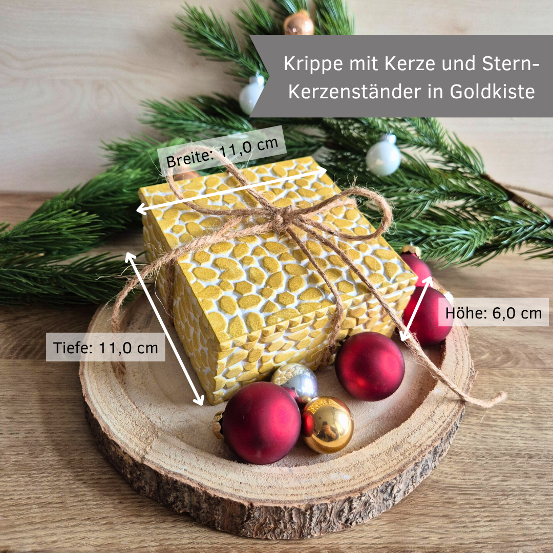 Kleine Krippe in Kiste aus Gießkeramik - 7-teilige Krippe, Stern-Kerzenständer mit Kerze passend in viereckige Goldbox mit Deckel