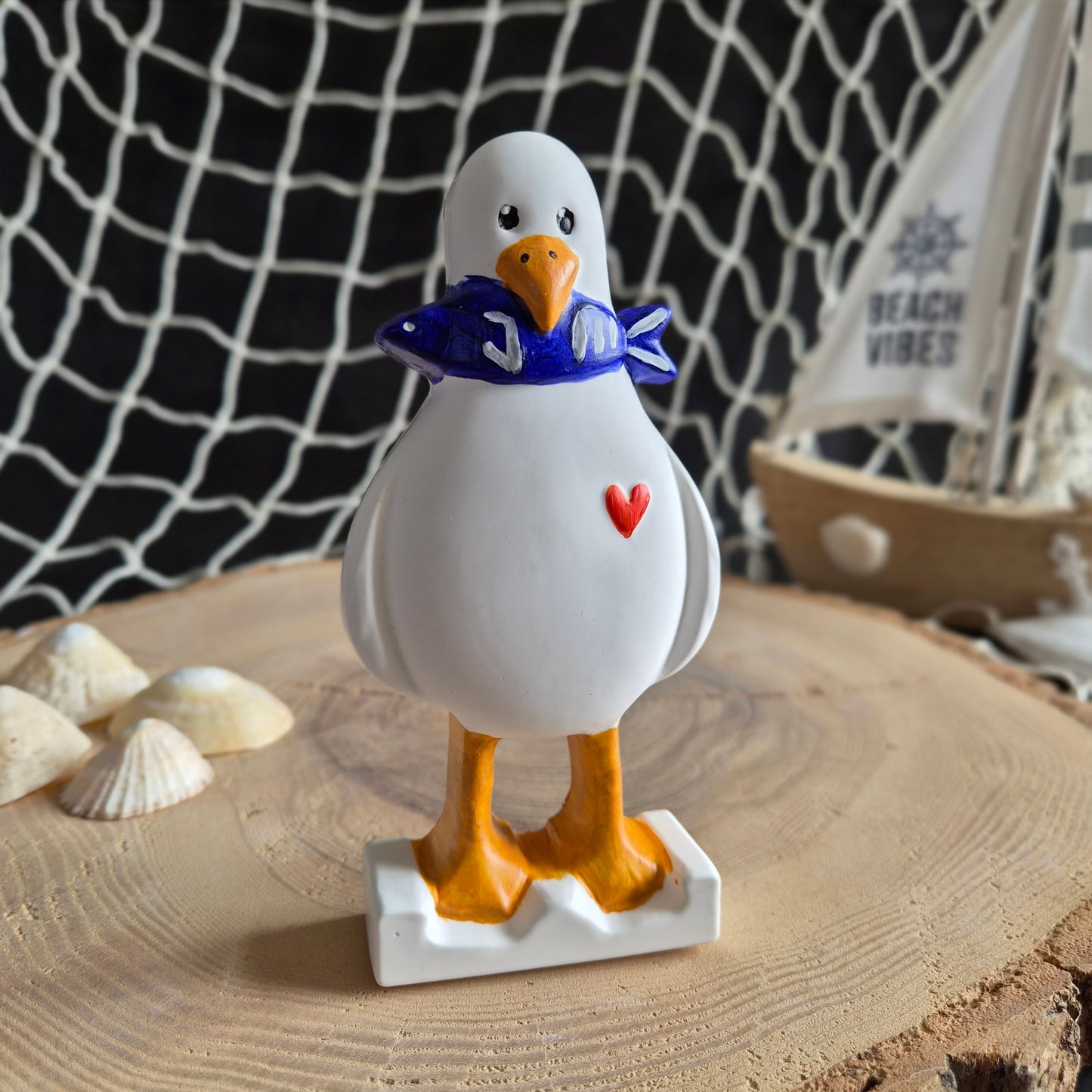 Möwen Figur aus weißer Gießkeramik, handbemalt, 6 verschiedene Motive - 15cm x 2,5cm