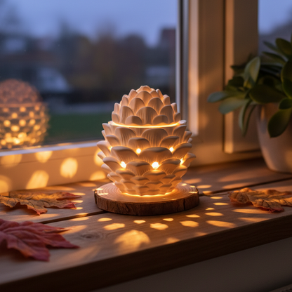 Tannenzapfen aus weißer Gießkeramik mit LED-Teelicht und Lichtlöchern