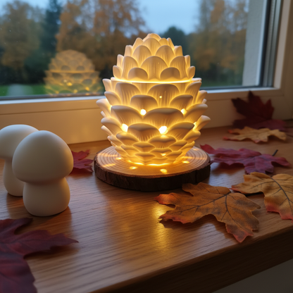 Tannenzapfen aus weißer Gießkeramik mit LED-Teelicht und Lichtlöchern