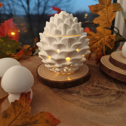 Tannenzapfen aus weißer Gießkeramik mit LED-Teelicht und Lichtlöchern