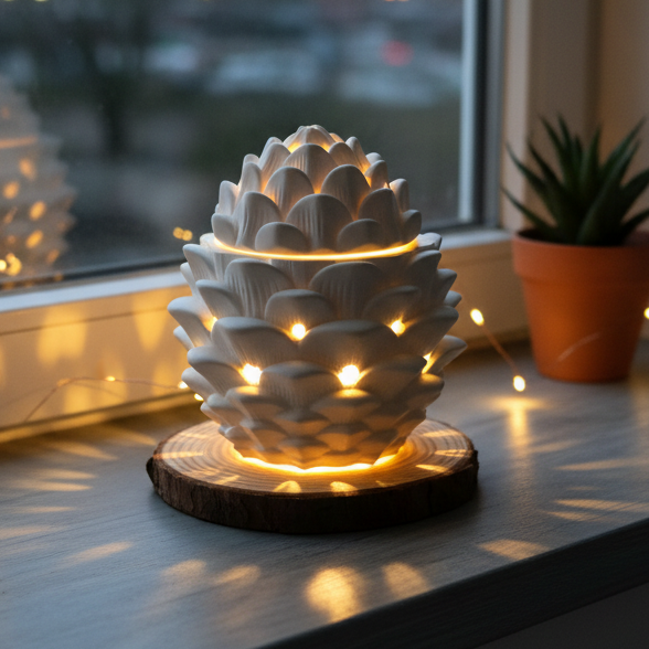 Dekorativer Tannenzapfen mit Löchern als Herbstliche Dekoration auf einer kleinen Baumscheibe auf einem Fensterbrett mit einer Lichterkette im Hintergrund 
