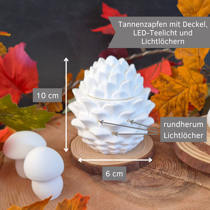 Tannenzapfen aus weißer Gießkeramik mit LED-Teelicht und Lichtlöchern