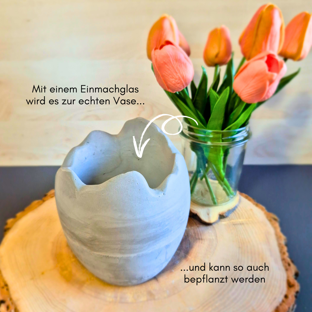 Vase in Osterei-Form für Trockenblumen, in Rustikalem Stil, aus Gießbeton, ca. 12,5 x 12 cm