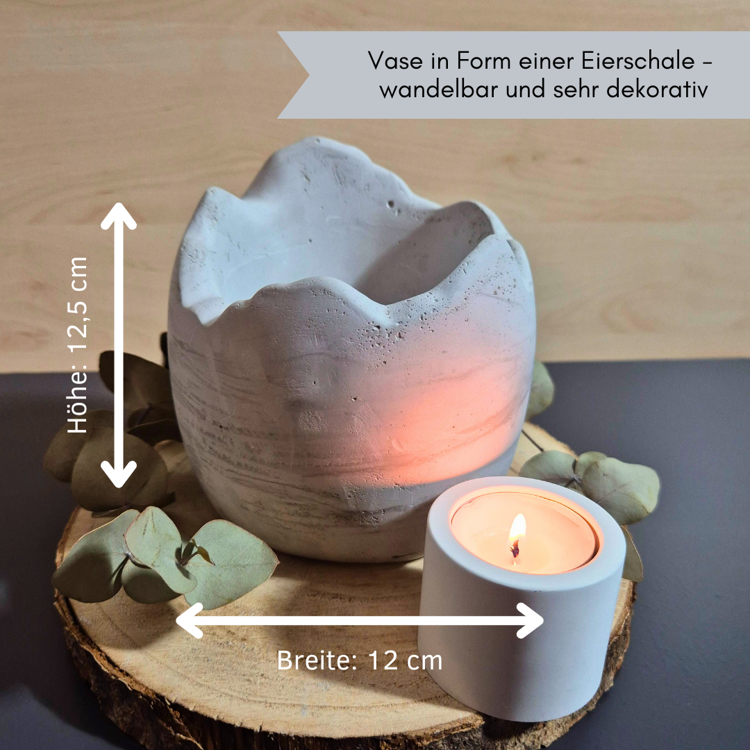 Vase in Osterei-Form für Trockenblumen, in Rustikalem Stil, aus Gießbeton, ca. 12,5 x 12 cm
