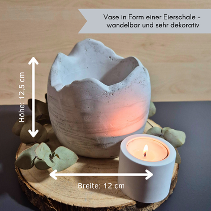 Vase in Osterei-Form für Trockenblumen, in Rustikalem Stil, aus Gießbeton, ca. 12,5 x 12 cm